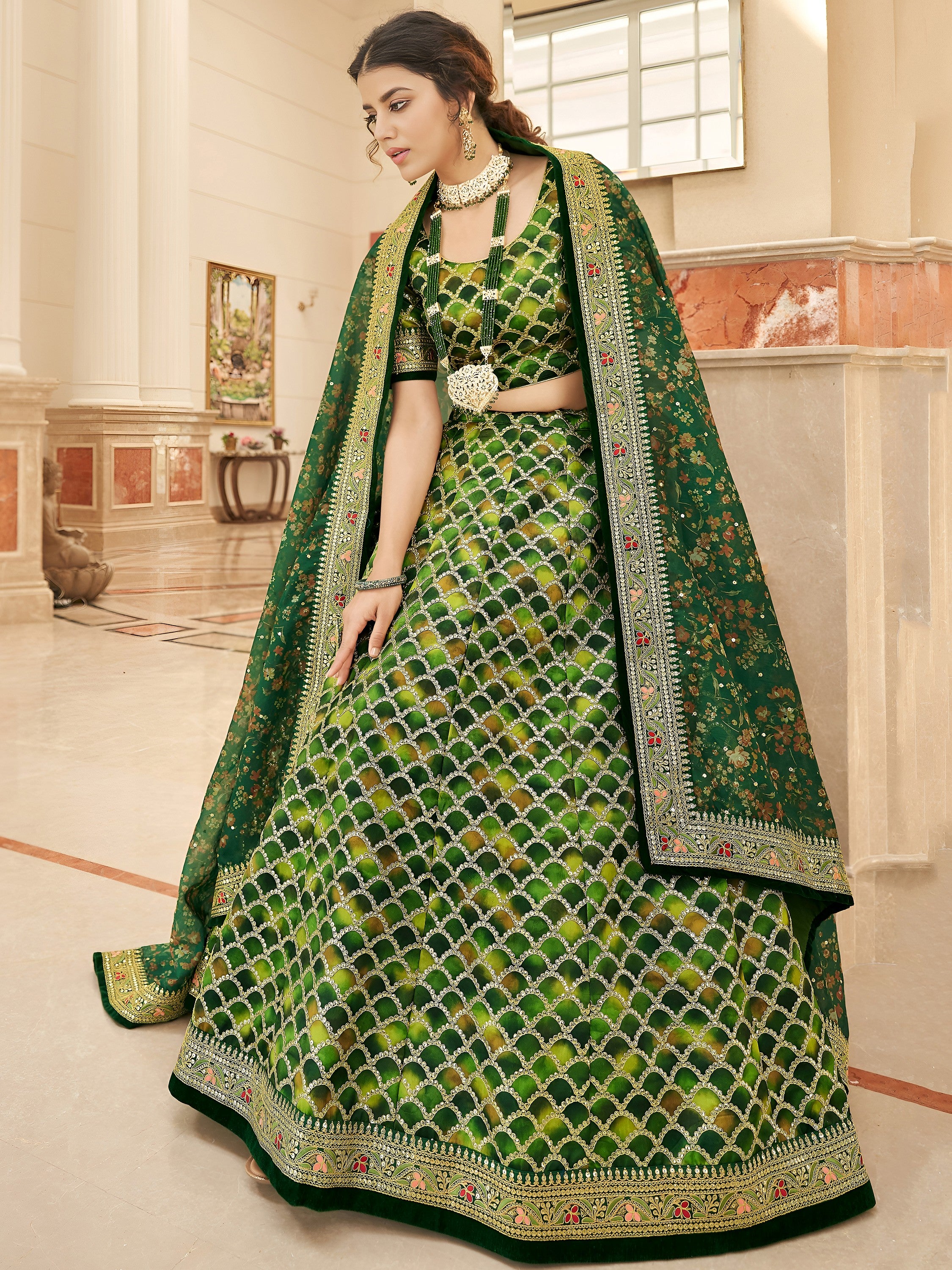 Amazing Green Embroidered Silk Festival Wear Plus Size Lehenga Choli