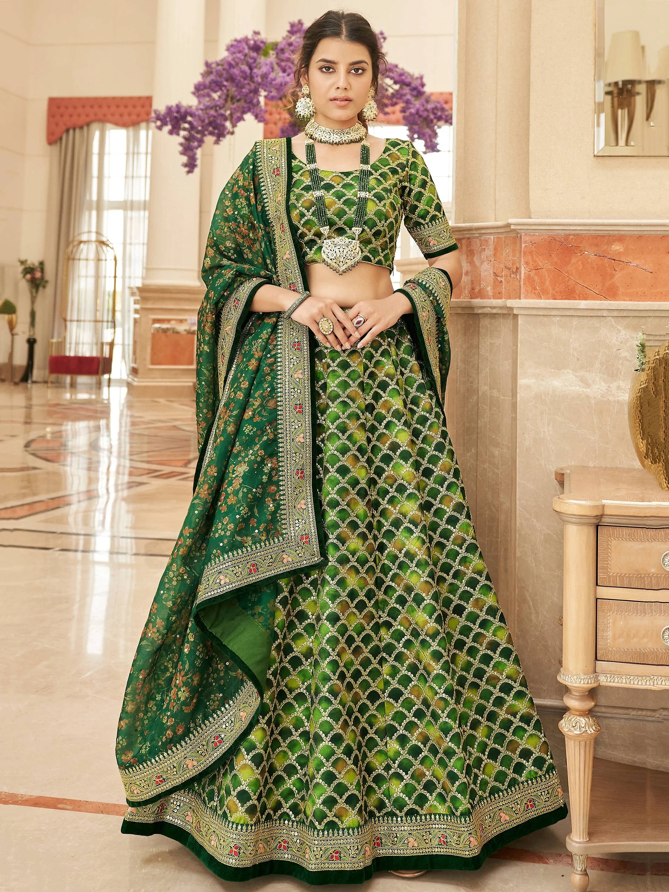 Amazing Green Embroidered Silk Festival Wear Plus Size Lehenga Choli