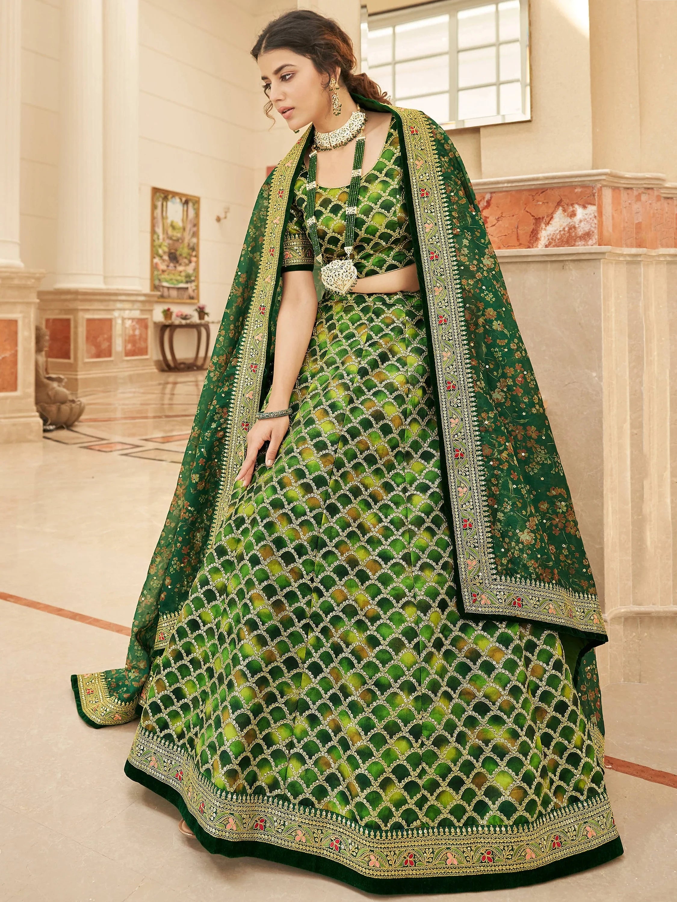 Amazing Green Embroidered Silk Festival Wear Plus Size Lehenga Choli