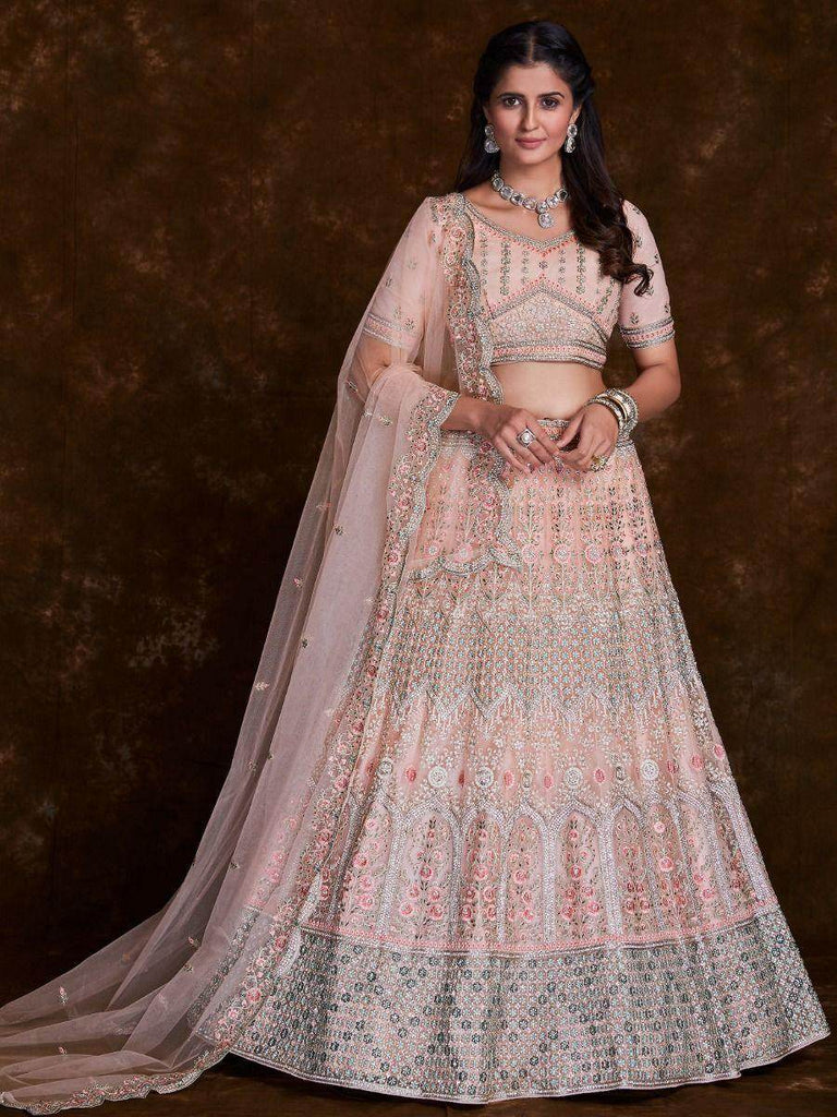 Delightful Peach Thread Embroidered Soft Net Bridal Lehenga Choli