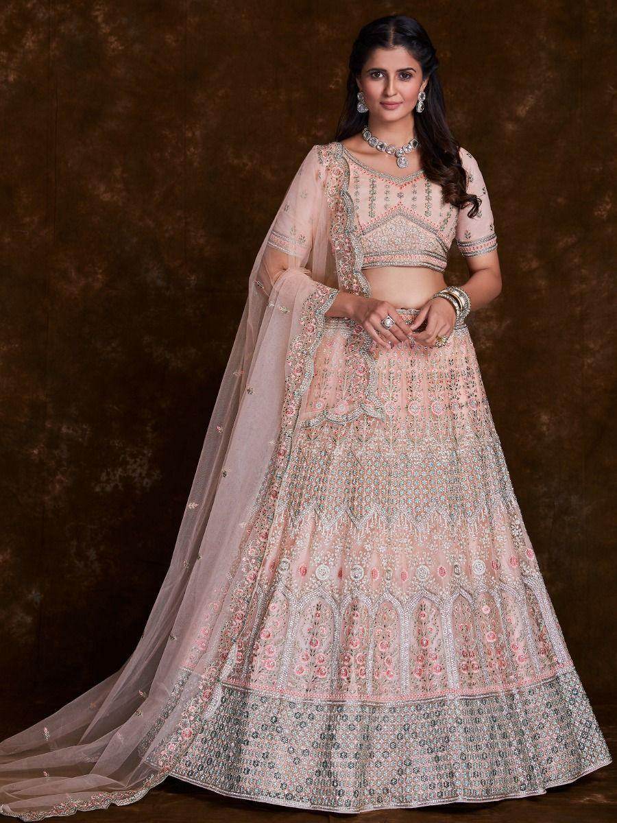 Delightful Peach Thread Embroidered Soft Net Bridal Lehenga Choli