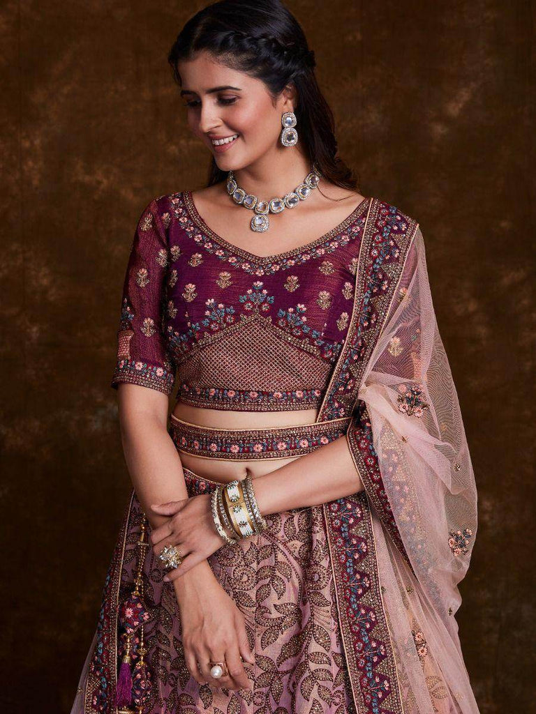 Glamorous Burgundy Thread Embroidery Silk Lehenga Choli