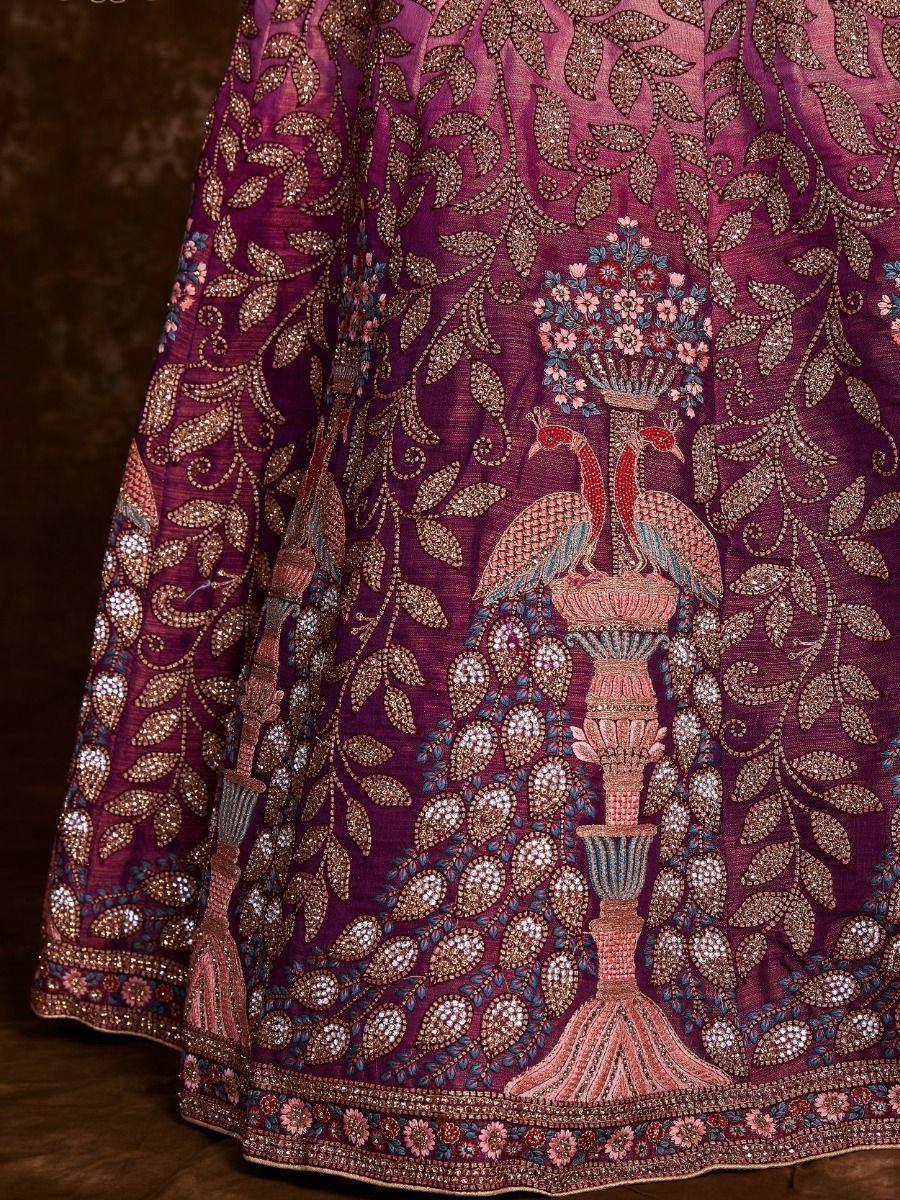 Purple embroidered lehenga with peacock and floral motifs, perfect for Indian ethnic wear