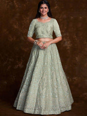Stunning Pista-Green Embroidered Organza Wedding Lehenga Choli.