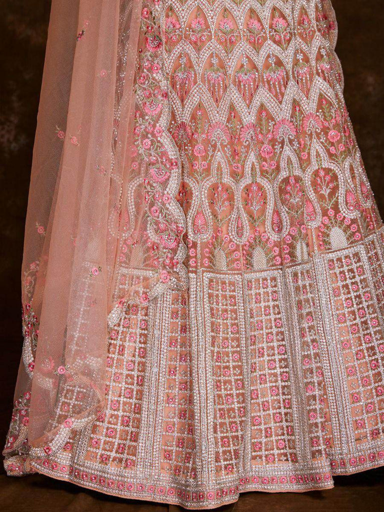 Blossoming Peach Embroidered Soft Net Wedding Lehenga Choli