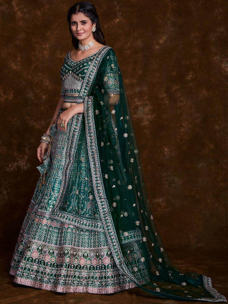 Magic of Green Zari Embroidered Silk Wedding Lehenga Choli