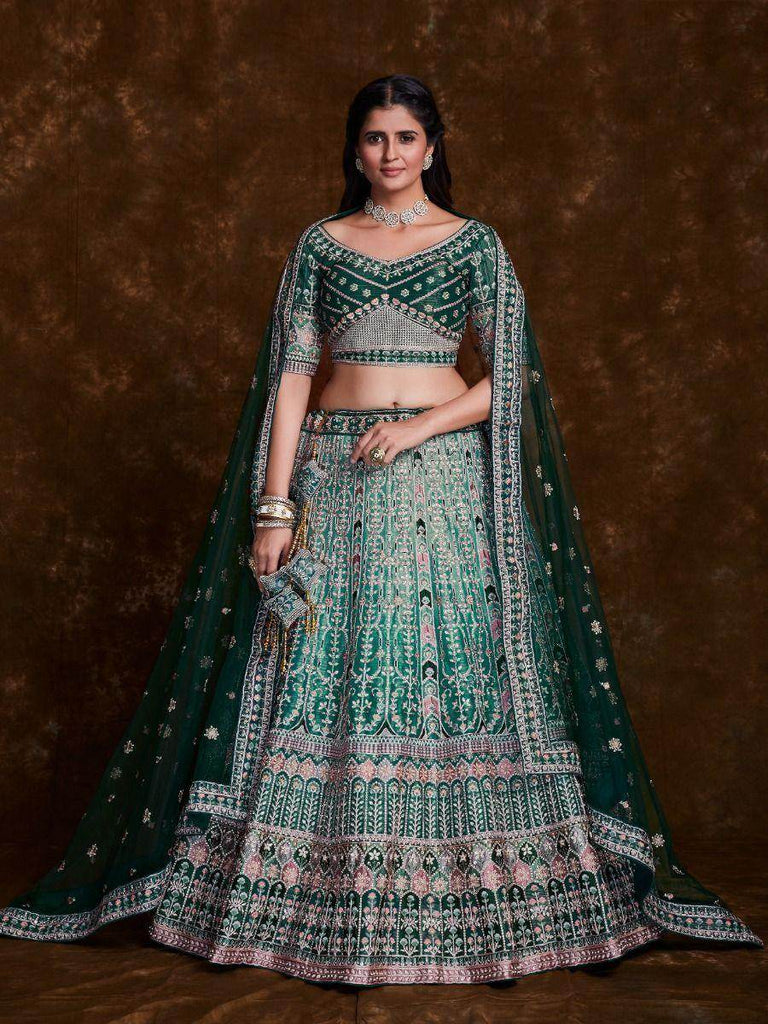 Magic of Green Zari Embroidered Silk Wedding Lehenga Choli