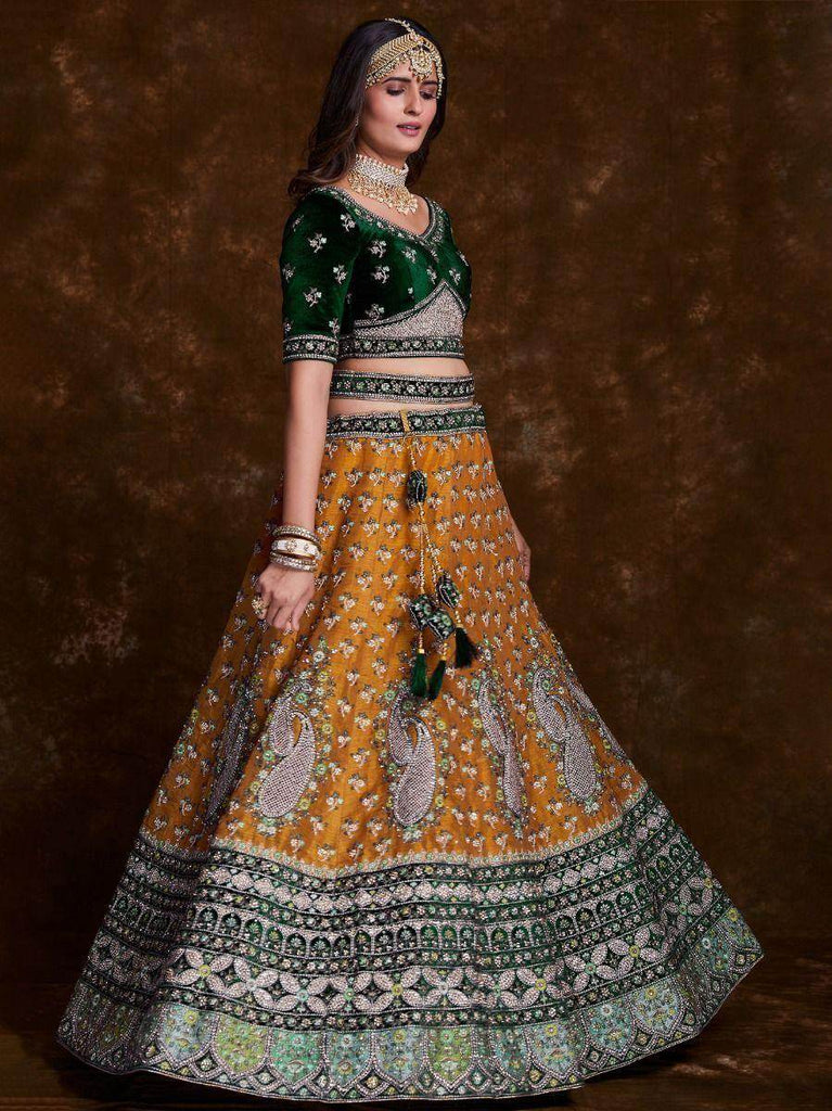 Captivating Mustard and Green Embroidered Silk Wedding Lehenga Choli
