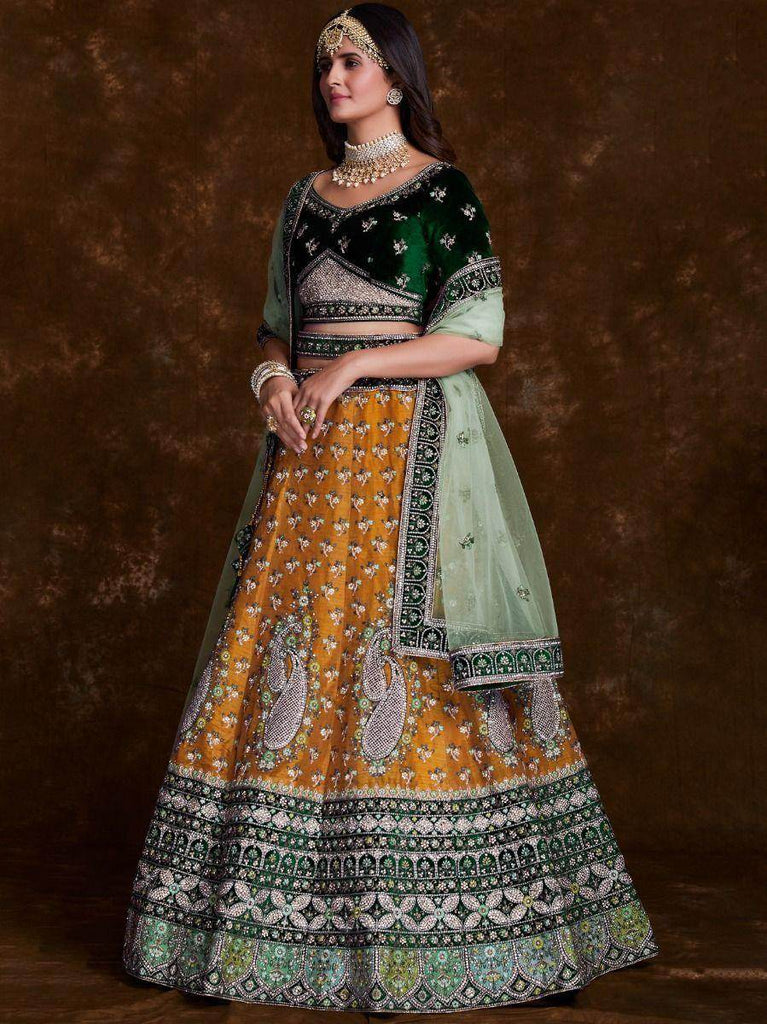 Captivating Mustard and Green Embroidered Silk Wedding Lehenga Choli