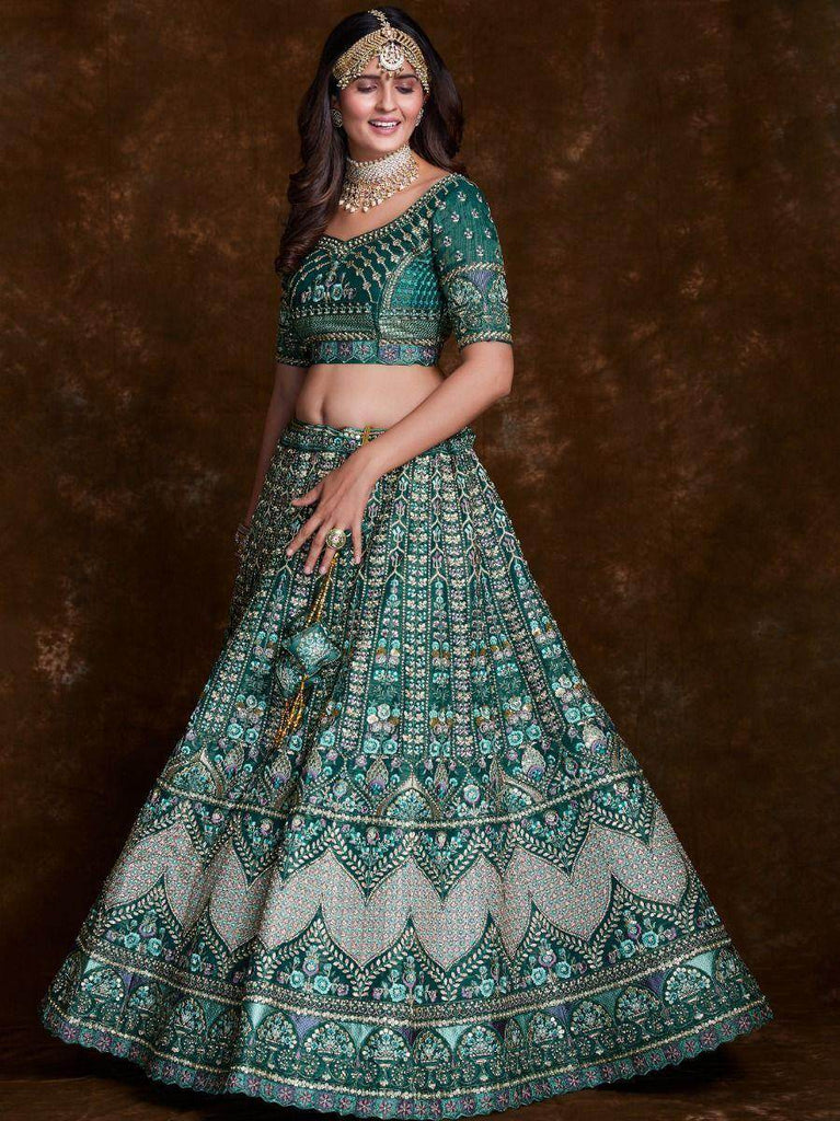 Enchanting Teal-Green Embroidered Silk Bridal Lehenga Choli