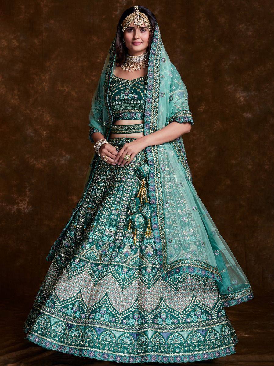 Teal embroidered lehenga choli with dupatta, Indian ethnic wear for weddings and festivals