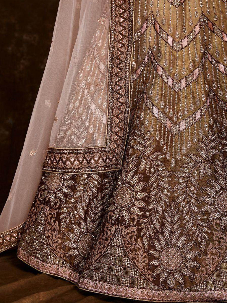Stunning Brown Thread Embroidered Silk Wedding Lehenga Choli