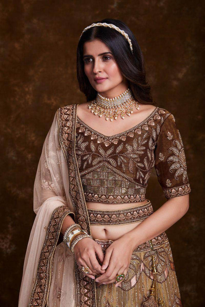 Stunning Brown Thread Embroidered Silk Wedding Lehenga Choli