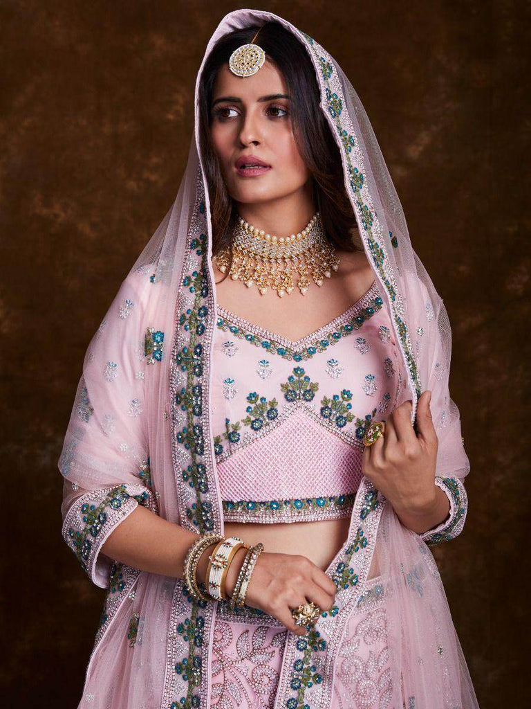 Blossoming Baby Pink Embroidered Soft Net Bridal Lehenga Choli