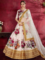 Off-White Floral Print Banglori Silk Bridal Lehenga Choli With Dupatta