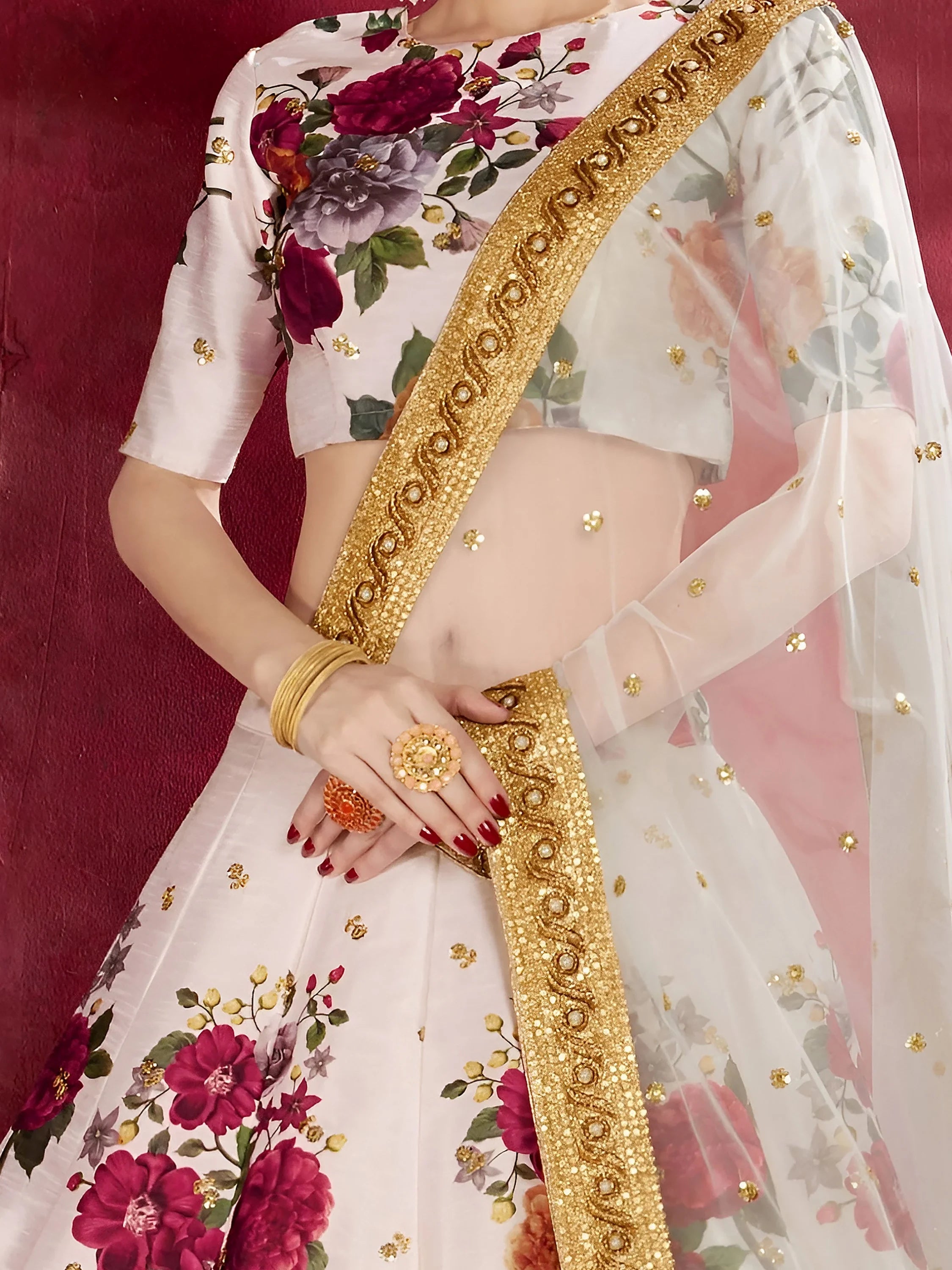 Off-White Floral Print Banglori Silk Bridal Lehenga Choli With Dupatta