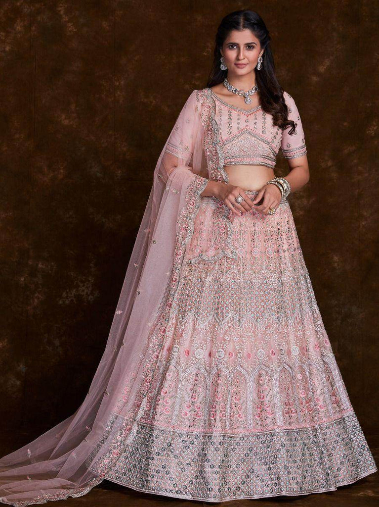 Elegant Baby Pink Embroidered Soft Net Wedding Lehenga Choli