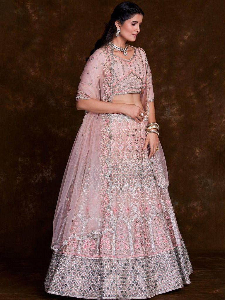 Elegant Baby Pink Embroidered Soft Net Wedding Lehenga Choli