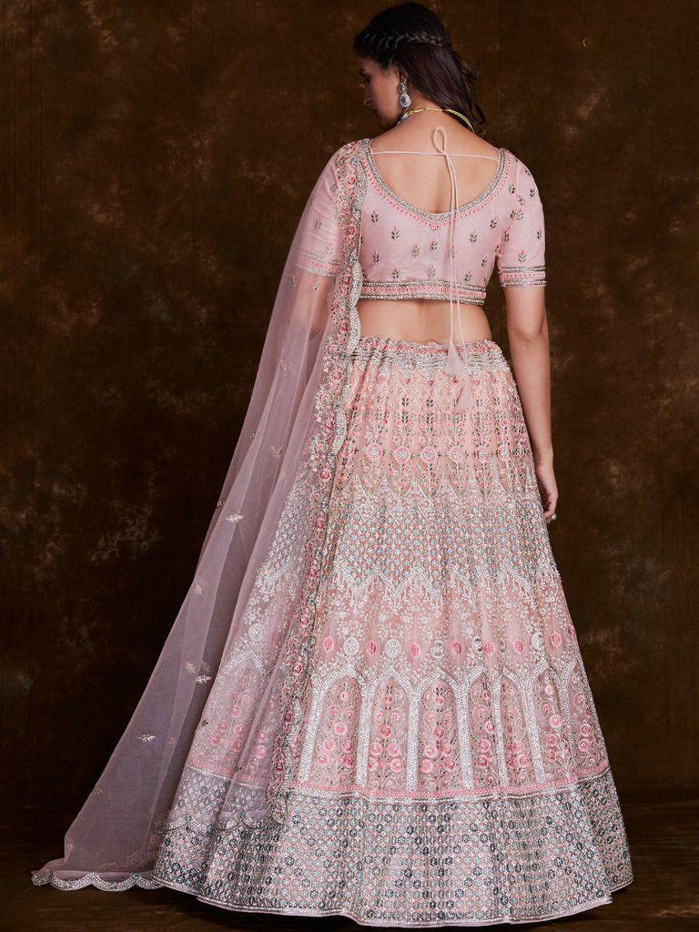 Elegant Baby Pink Embroidered Soft Net Wedding Lehenga Choli