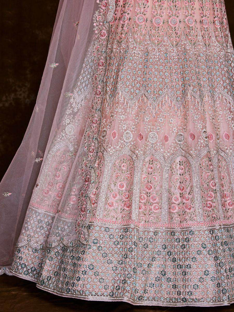 Elegant Baby Pink Embroidered Soft Net Wedding Lehenga Choli