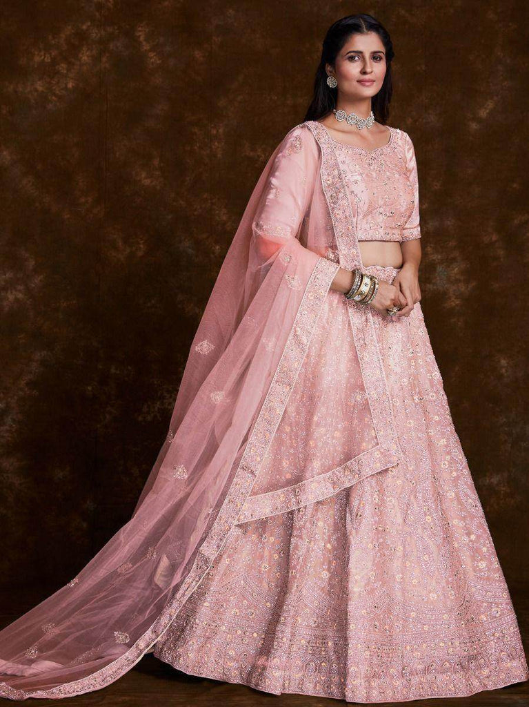Blushing Peach Embroidered Organza Wedding Lehenga Choli