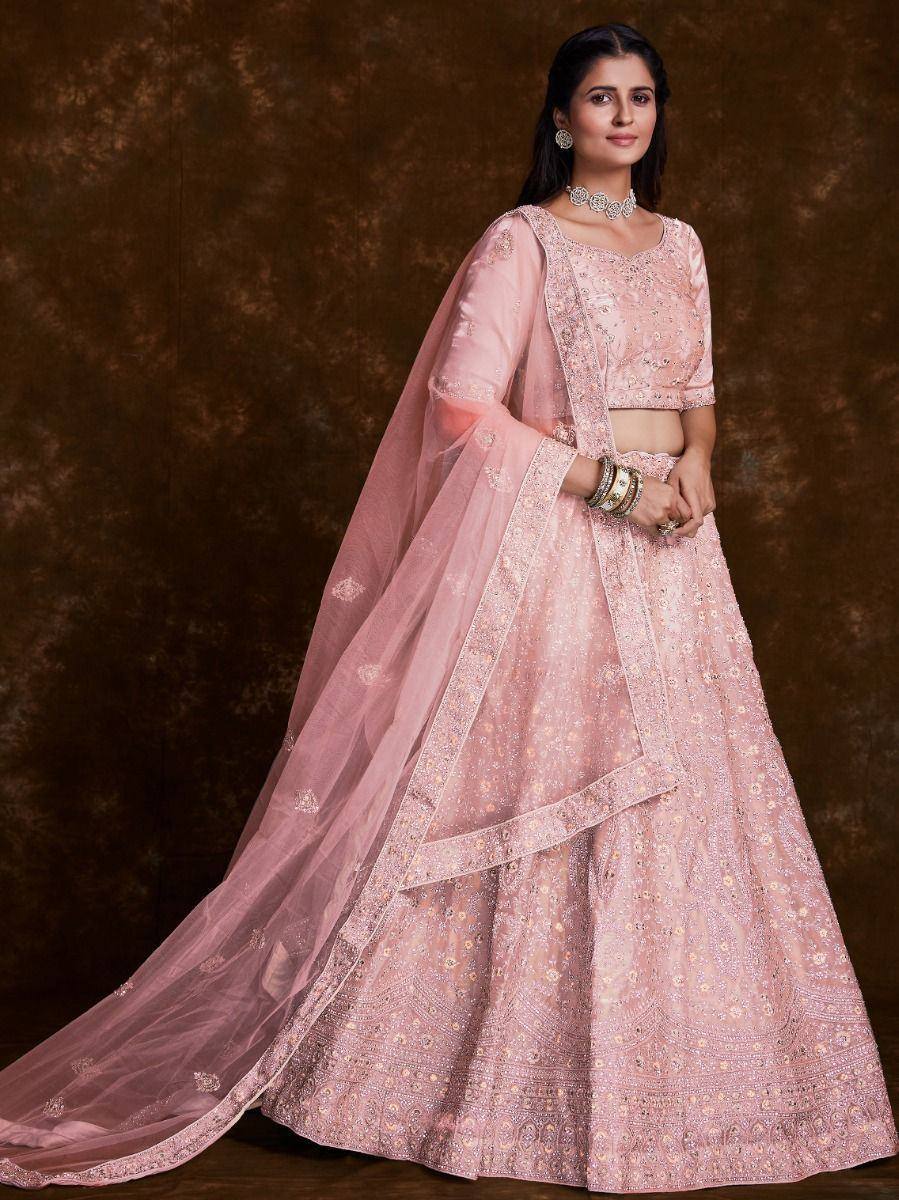 Pink embroidered lehenga choli with dupatta, Indian ethnic wear for weddings and parties