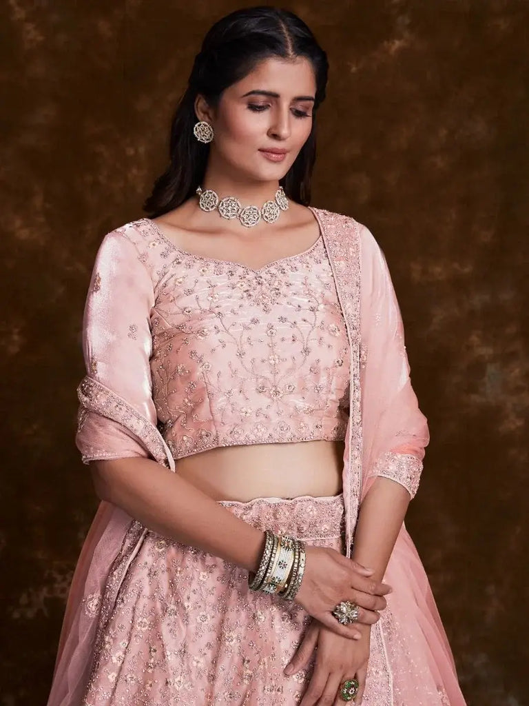 Blushing Peach Embroidered Organza Wedding Lehenga Choli