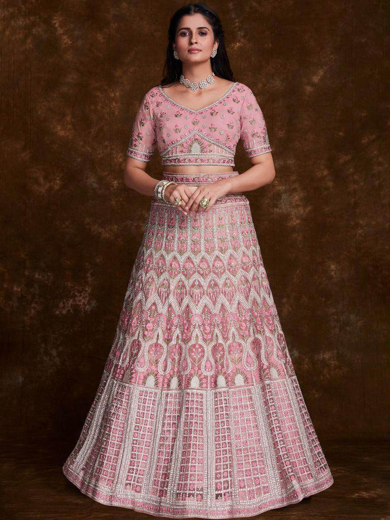 Charming Baby Pink Embroidered Soft Net Wedding Lehenga Choli