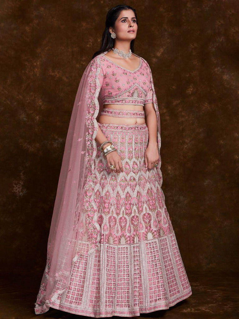Charming Baby Pink Embroidered Soft Net Wedding Lehenga Choli