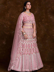Charming Baby Pink Embroidered Soft Net Wedding Lehenga Choli