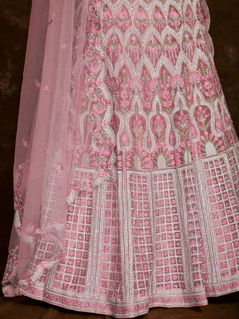Charming Baby Pink Embroidered Soft Net Wedding Lehenga Choli
