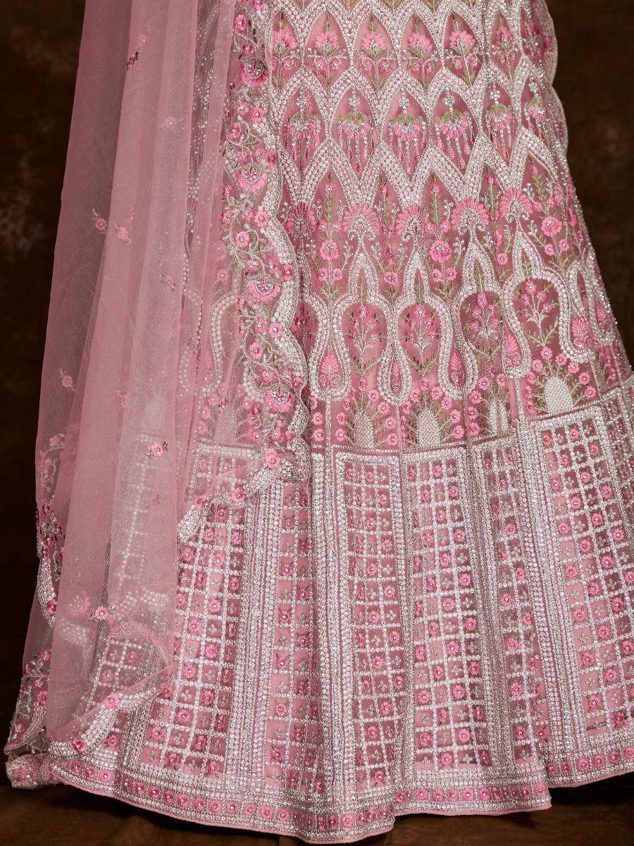 Pink embroidered lehenga with floral zari work and net dupatta, Indian ethnic wear