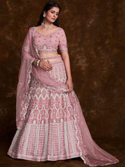 Charming Baby Pink Embroidered Soft Net Wedding Lehenga Choli