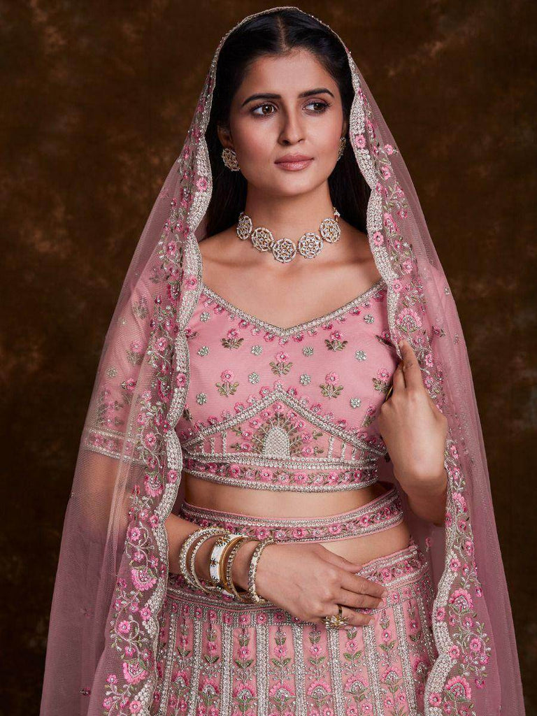 Charming Baby Pink Embroidered Soft Net Wedding Lehenga Choli