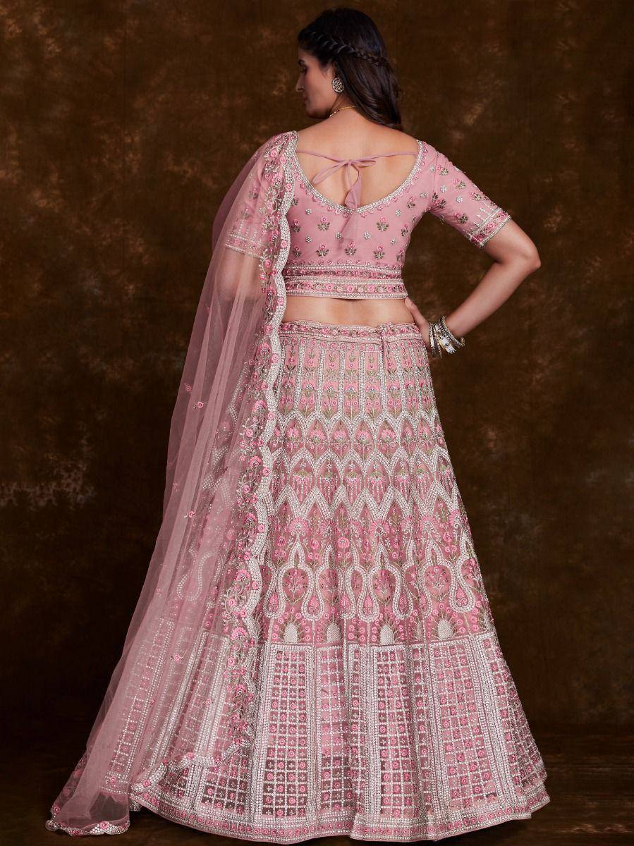 Pink embroidered lehenga choli with back tie blouse and sheer dupatta, Indian ethnic wear