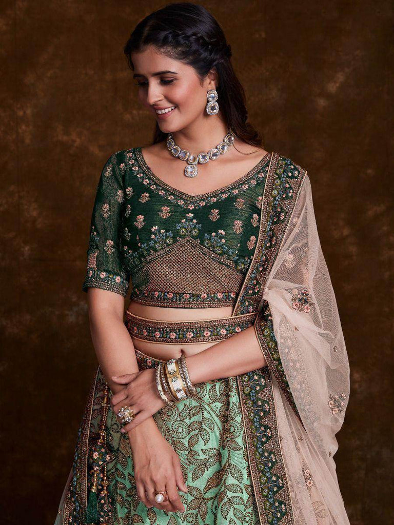 Enchanting Green Thread Embroidered Art Silk Wedding Lehenga Choli