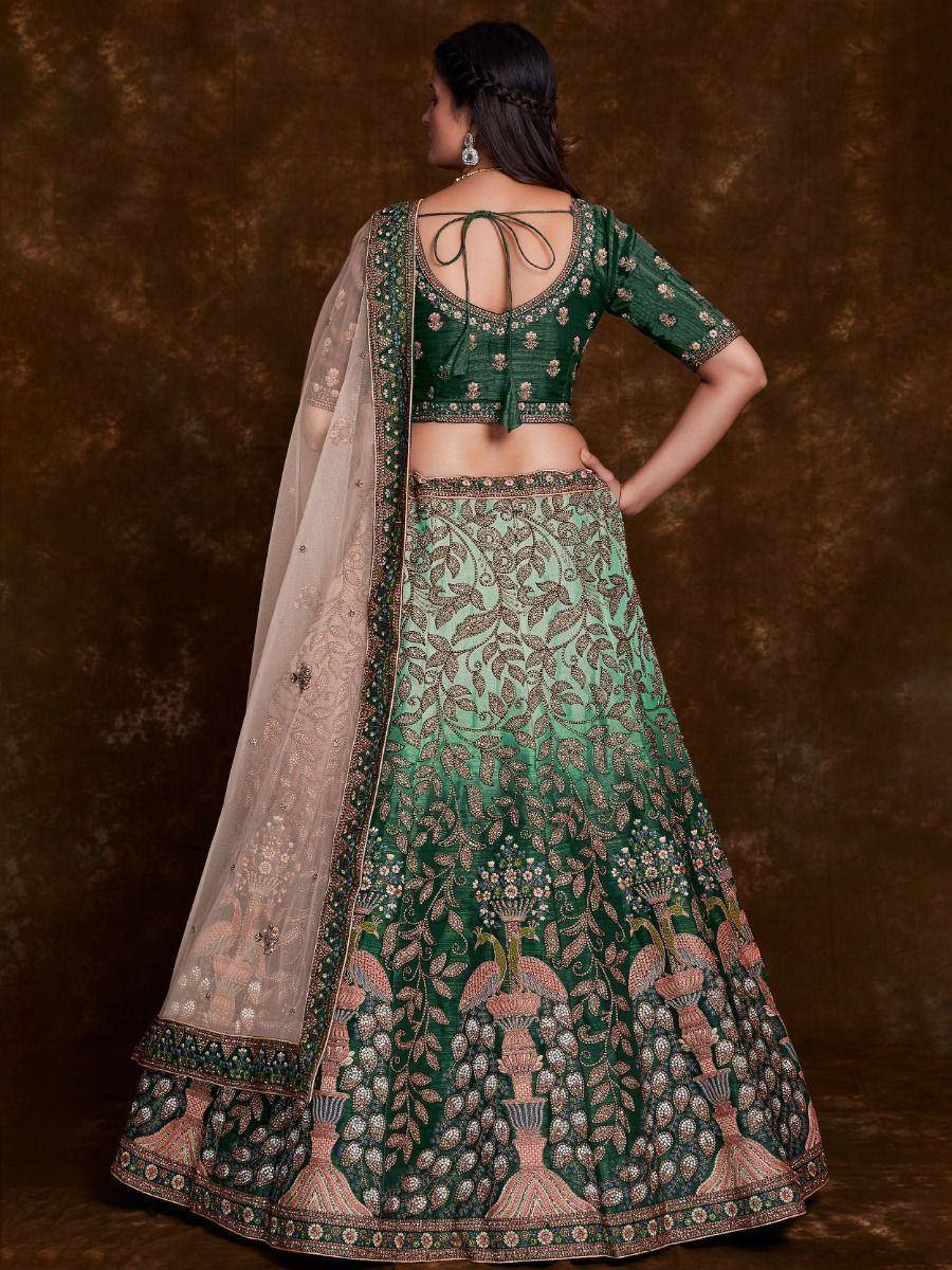 Green embroidered lehenga choli with floral motifs and sheer dupatta, back view