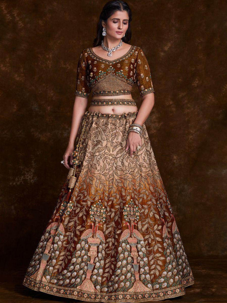 Ravishing Brown Embroidered Art Silk Reception Wear Lehenga Choli