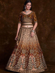 Ravishing Brown Embroidered Art Silk Reception Wear Lehenga Choli
