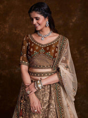 Ravishing Brown Embroidered Art Silk Reception Wear Lehenga Choli