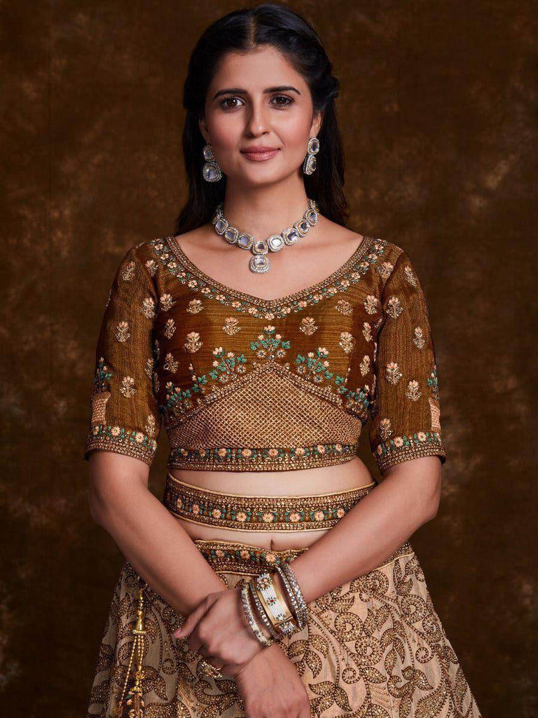 Ravishing Brown Embroidered Art Silk Reception Wear Lehenga Choli