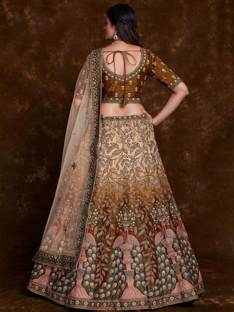 Ravishing Brown Embroidered Art Silk Reception Wear Lehenga Choli