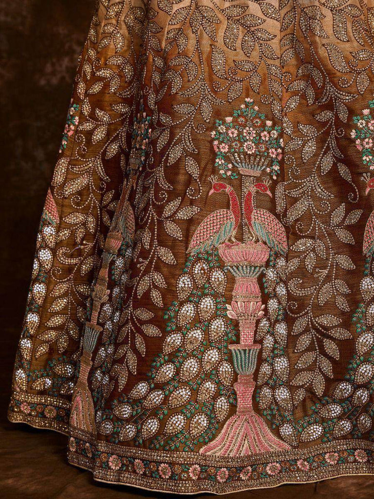 Ravishing Brown Embroidered Art Silk Reception Wear Lehenga Choli