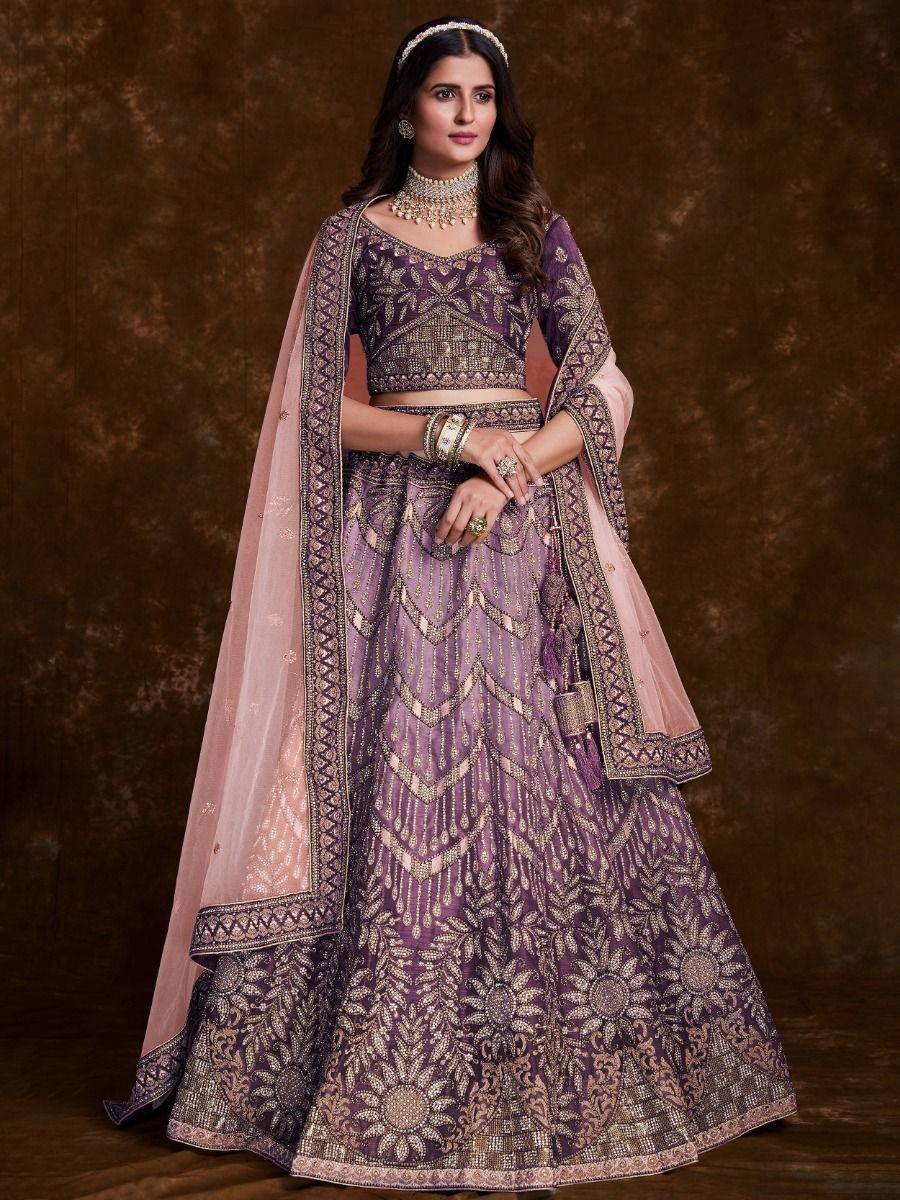Purple embroidered lehenga choli with pink dupatta, Indian ethnic wear for weddings and festivals