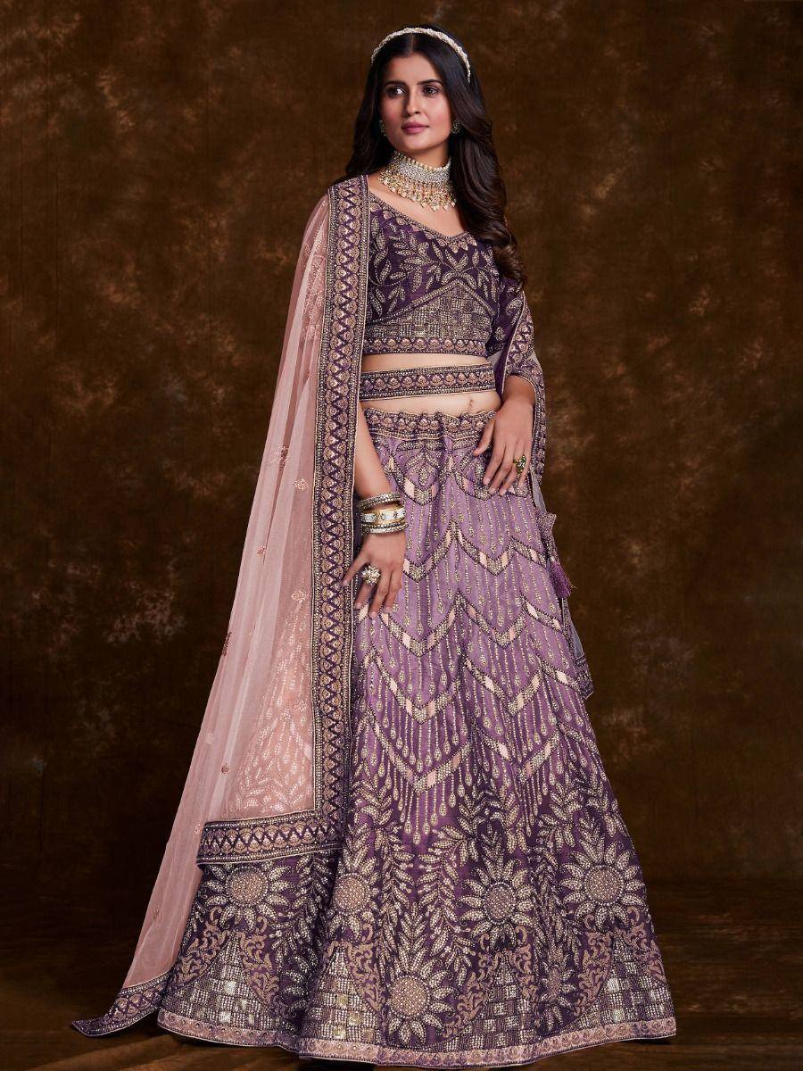 Purple designer lehenga choli with gold embroidery and matching dupatta for Indian ethnic wear