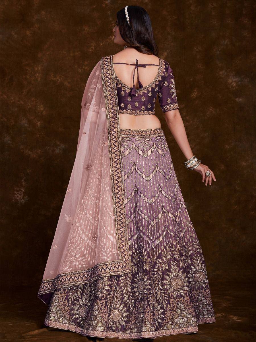 Purple embroidered lehenga choli with back tie blouse and sheer dupatta, Indian ethnic wear