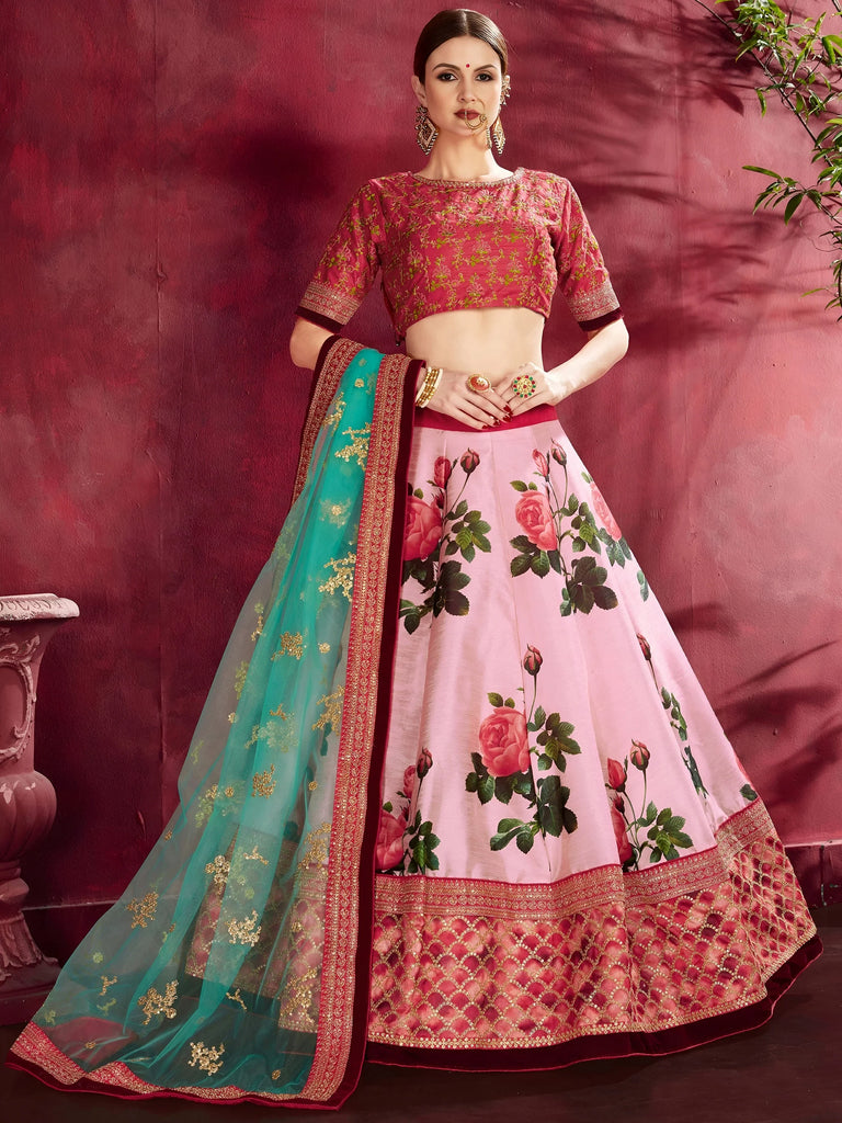 Rose Pink Floral Print Banglori Silk Bridal Lehenga With Pink Choli And Turquoise Dupatta