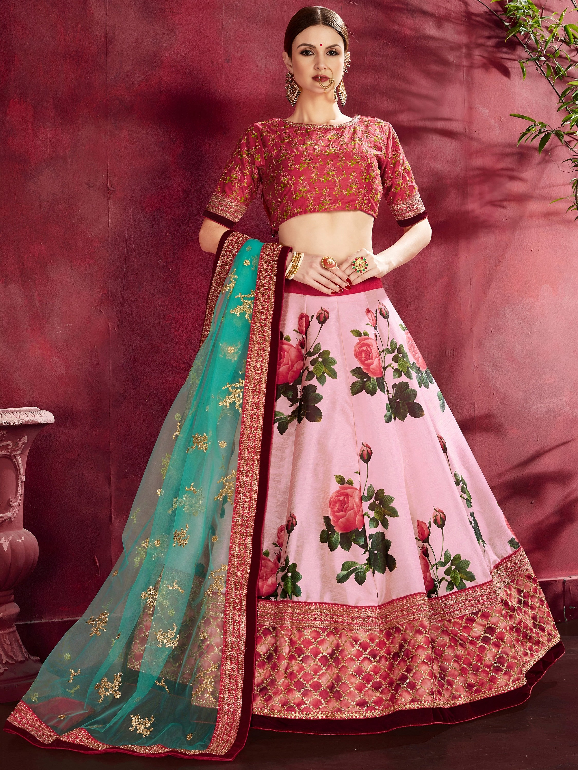 Alluring Pink Embroidered Silk Wedding Wear Plus Size Lehenga Choli