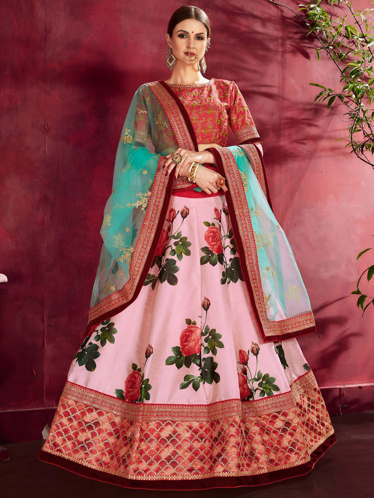 Alluring Pink Embroidered Silk Wedding Wear Plus Size Lehenga Choli