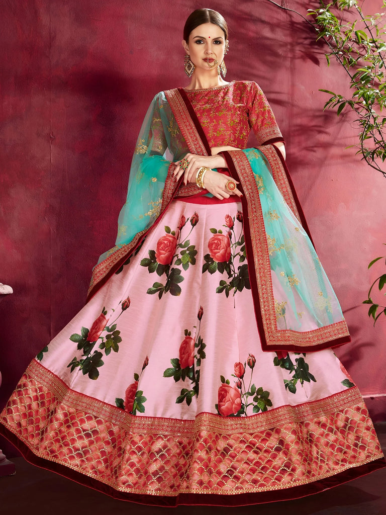 Rose Pink Floral Print Banglori Silk Bridal Lehenga With Pink Choli And Turquoise Dupatta